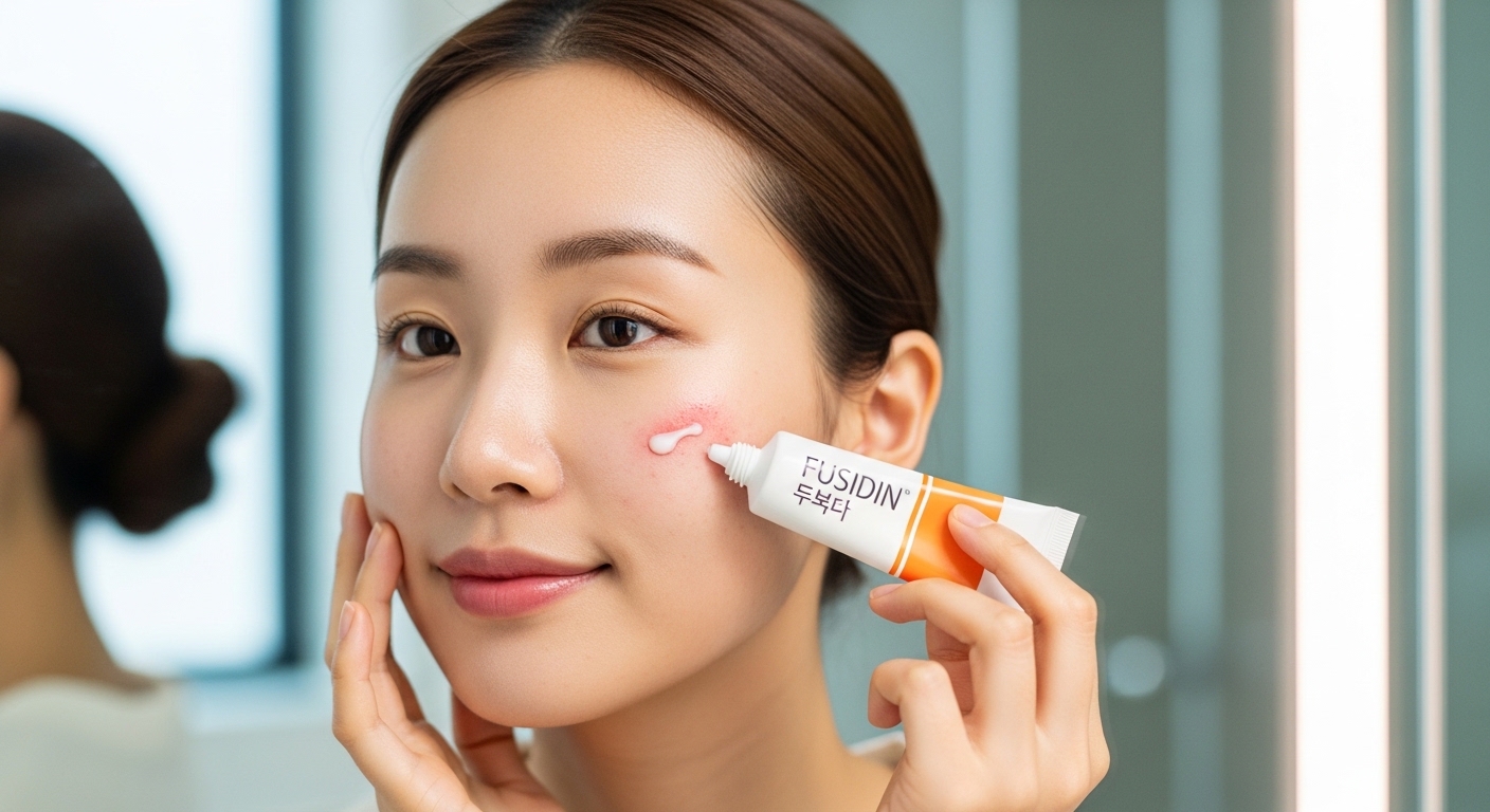 붉은 염증 부위에 후시딘 연고를 바르는 모습