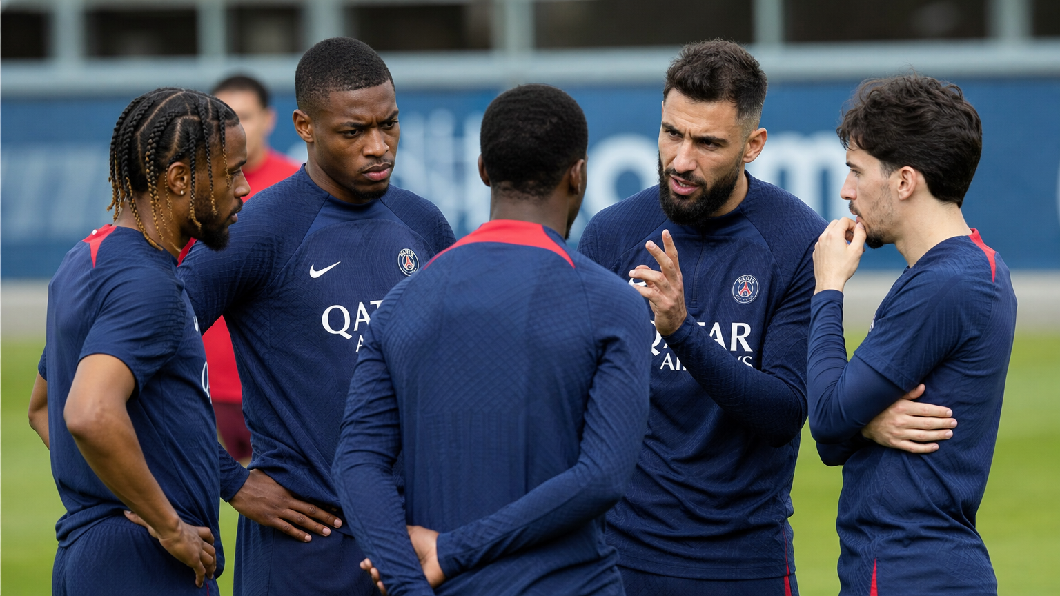 연습 중인 새로운 PSG 공격진 라인업과 집중하는 선수들