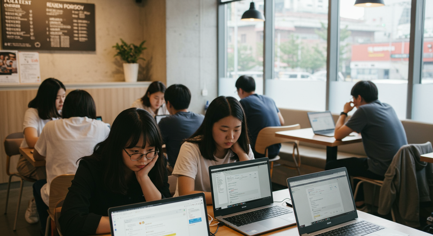 노트북으로 시험에 등록하는 학생들 모습