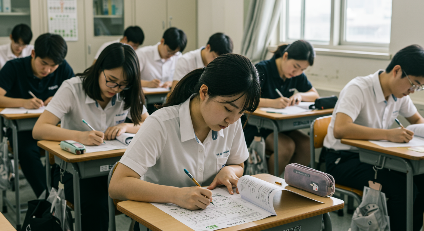학생들이 다지선다형 시험을 치르는 교실 장면