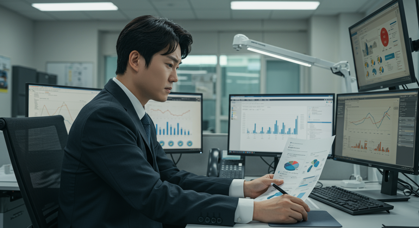 사무실에서 손해보고서를 분석하는 전문직의 모습