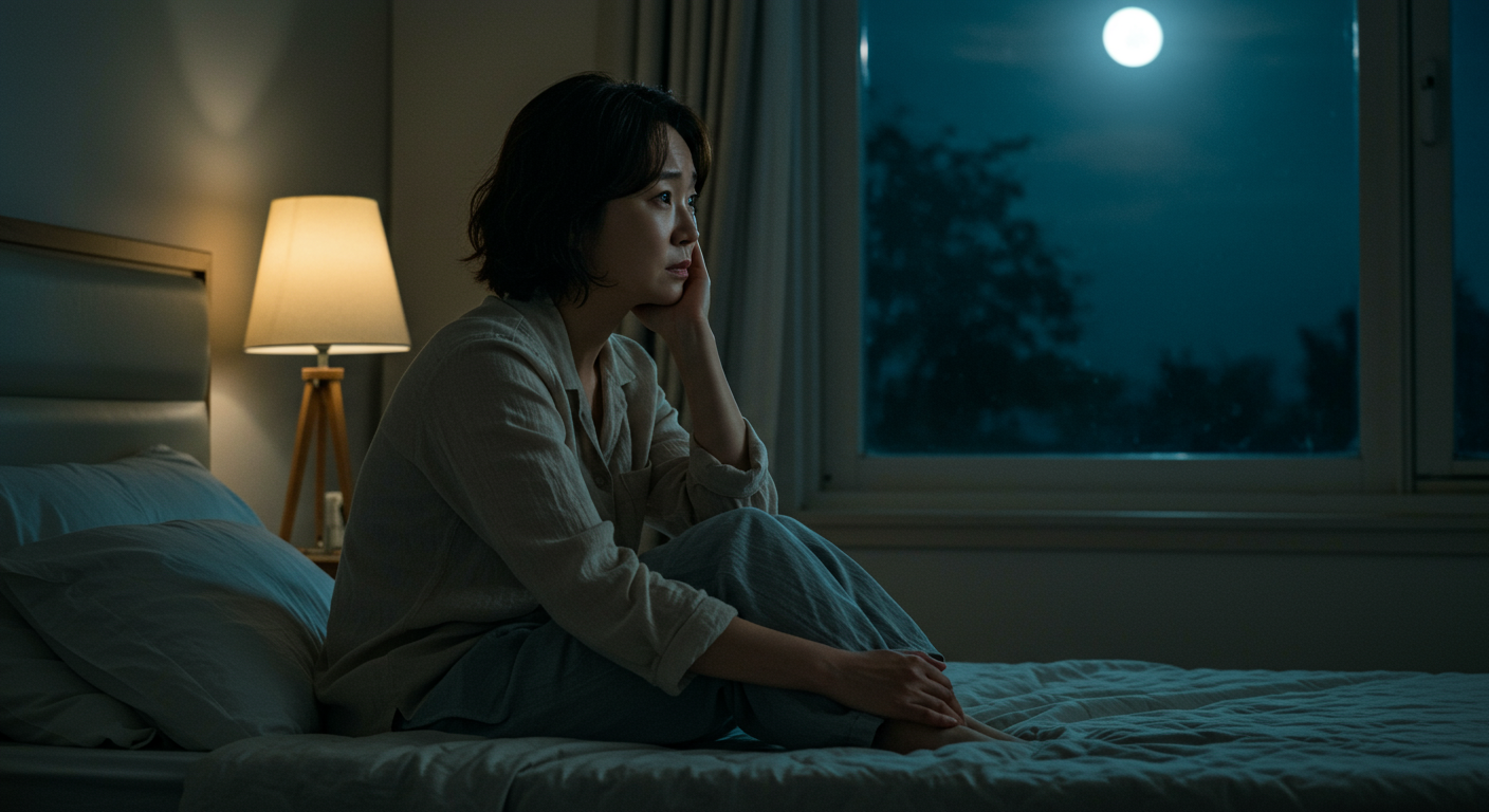 침대에 앉아 창문으로 들어오는 달빛을 받으며 돌아가신 가족과의 꿈을 회상하는 젊은 여성