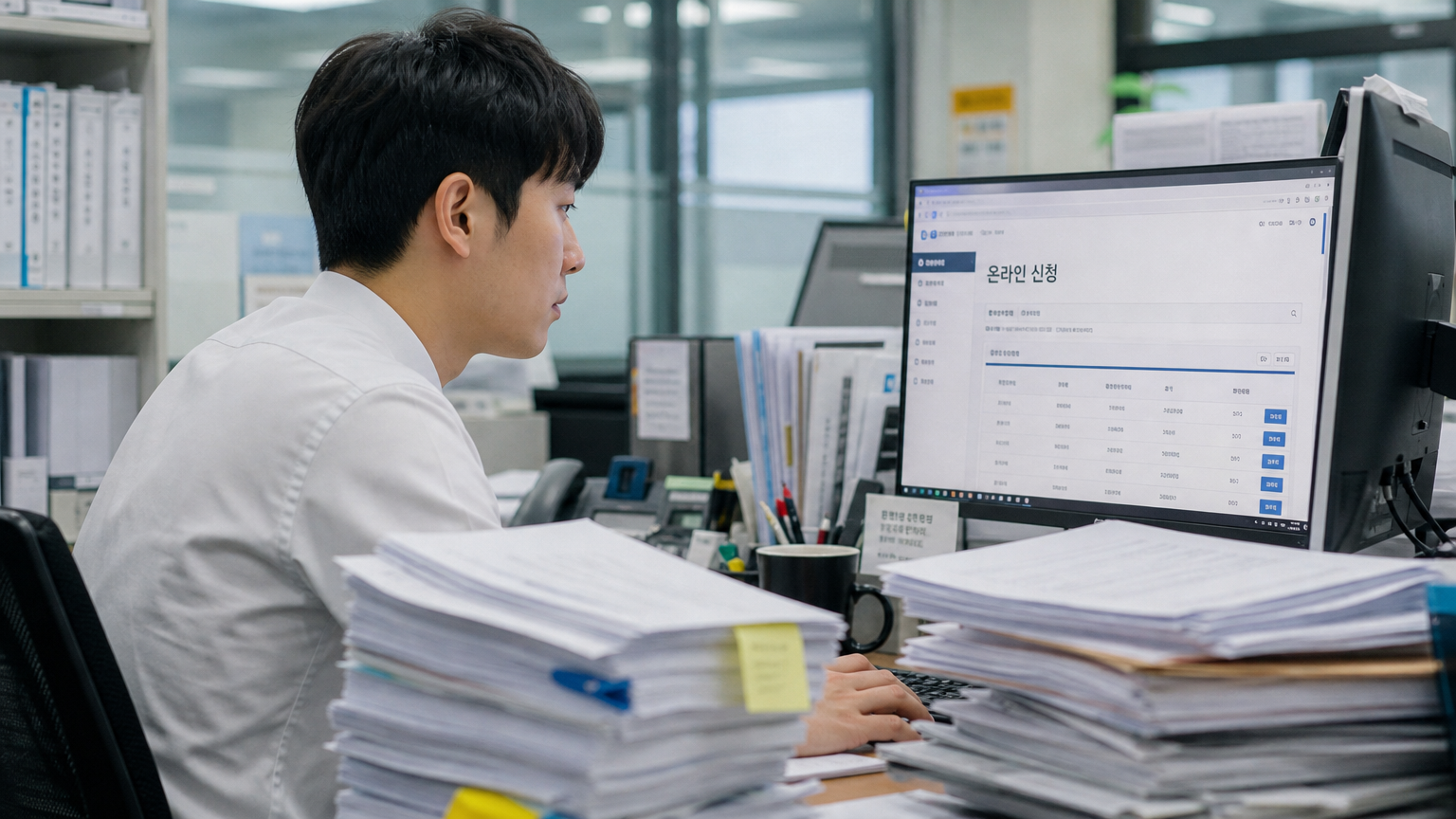 한국 사무실에서 온라인 신청 포털을 보고 있는 직장인과 서류 더미
