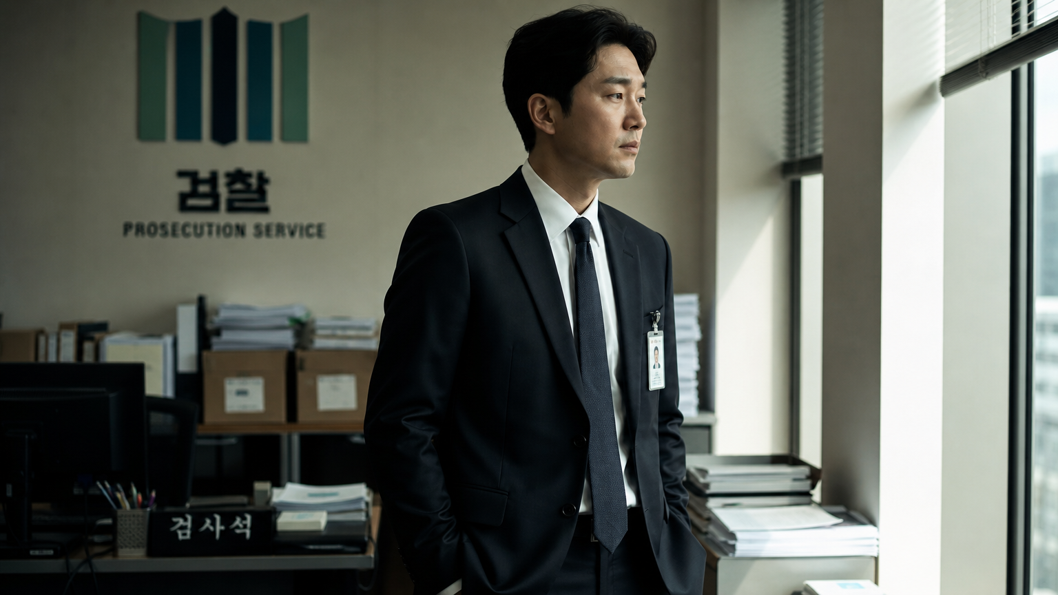 한국 검사인 마 강욱이 현대 사무실에서 삶의 변화를 고민하는 모습