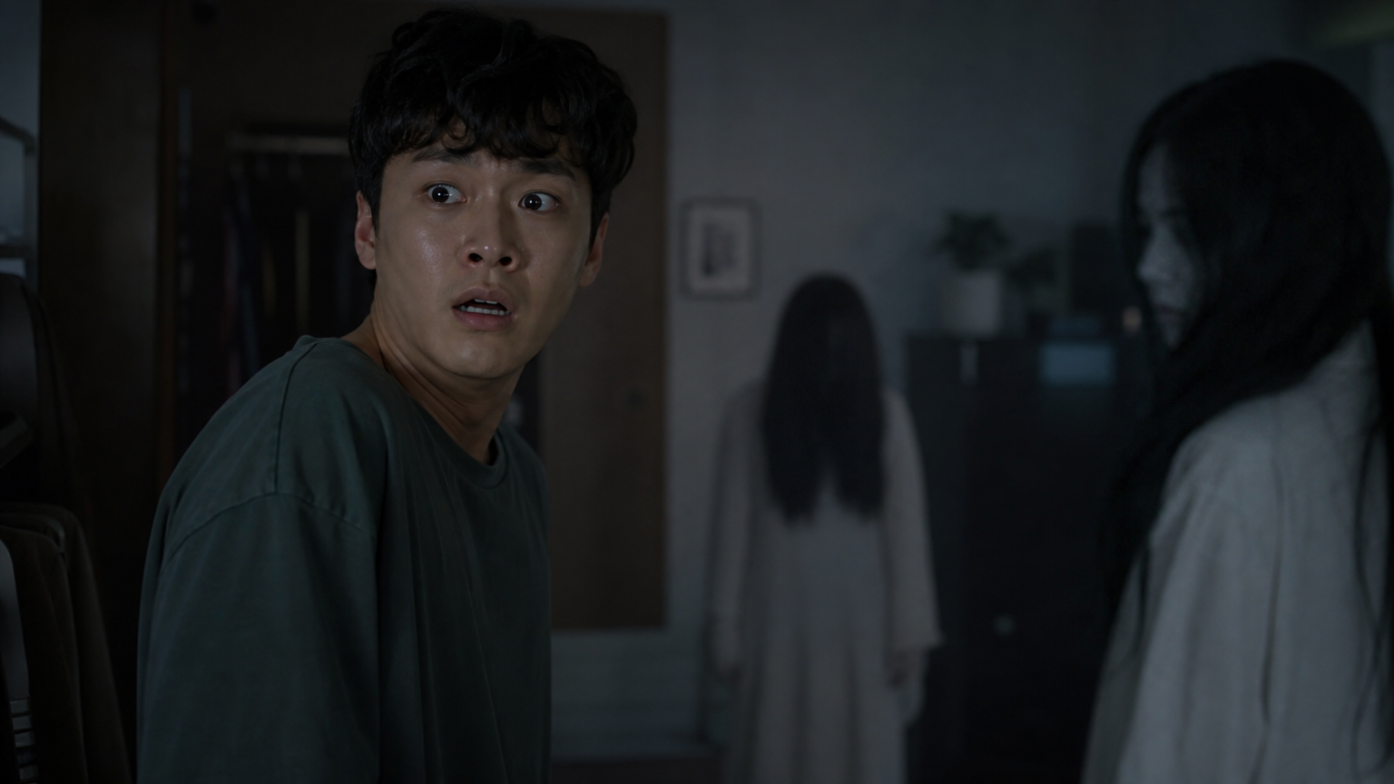 어두운 방에서 귀신을 처음 보고 두려움에 빠진 한국 남성