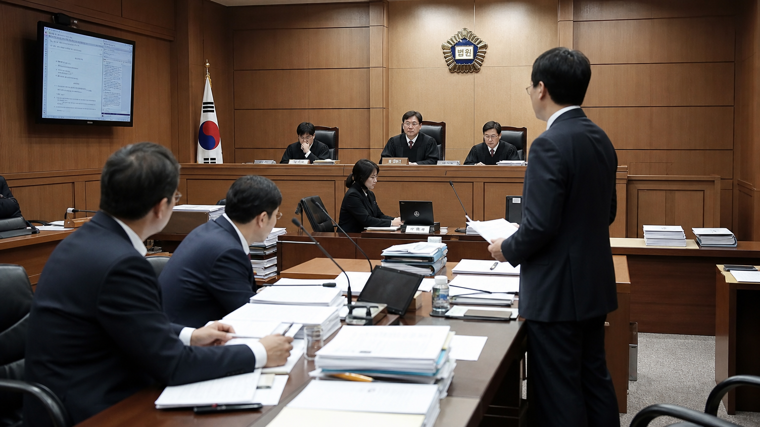 한국 법정에서 변호사와 판사가 복잡한 사건을 심의하는 모습