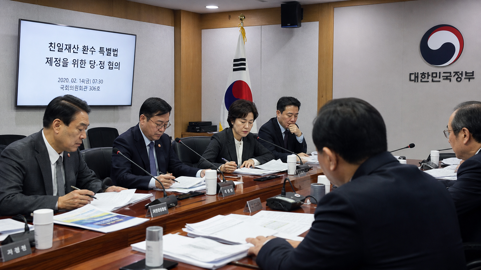 한국 정부 관계자들이 역사적 협력자로부터 자산 회수를 위한 입법을 논의하는 진지한 회의실