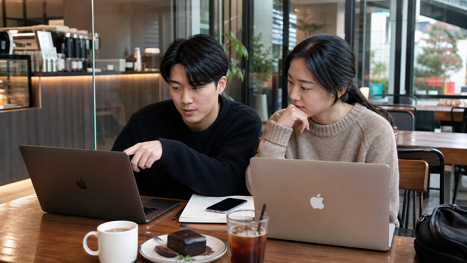 카페에서 노트북을 펴고 영화 예매 전략을 논의하는 남녀