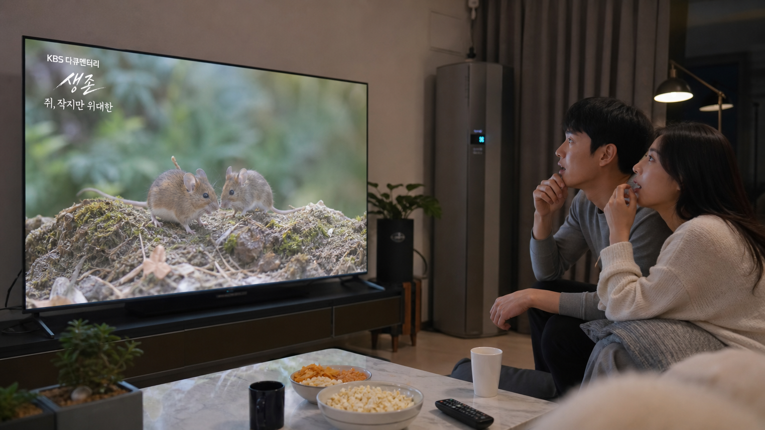 현대적인 거실에서 커플이 큰 TV로 들쥐 다큐멘터리를 보는 모습