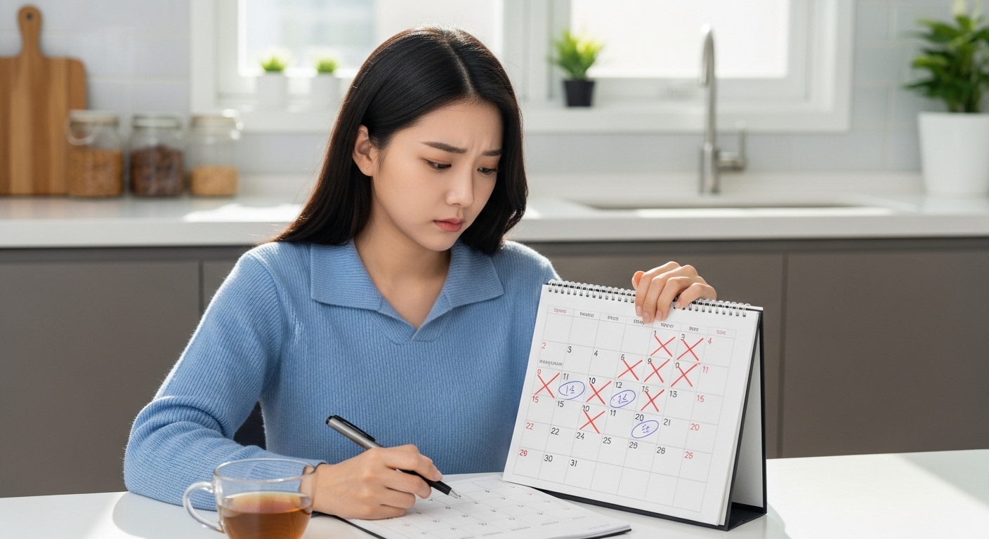 젊은 여성이 주방 테이블에서 달력을 보며 생리불순을 걱정하는 모습