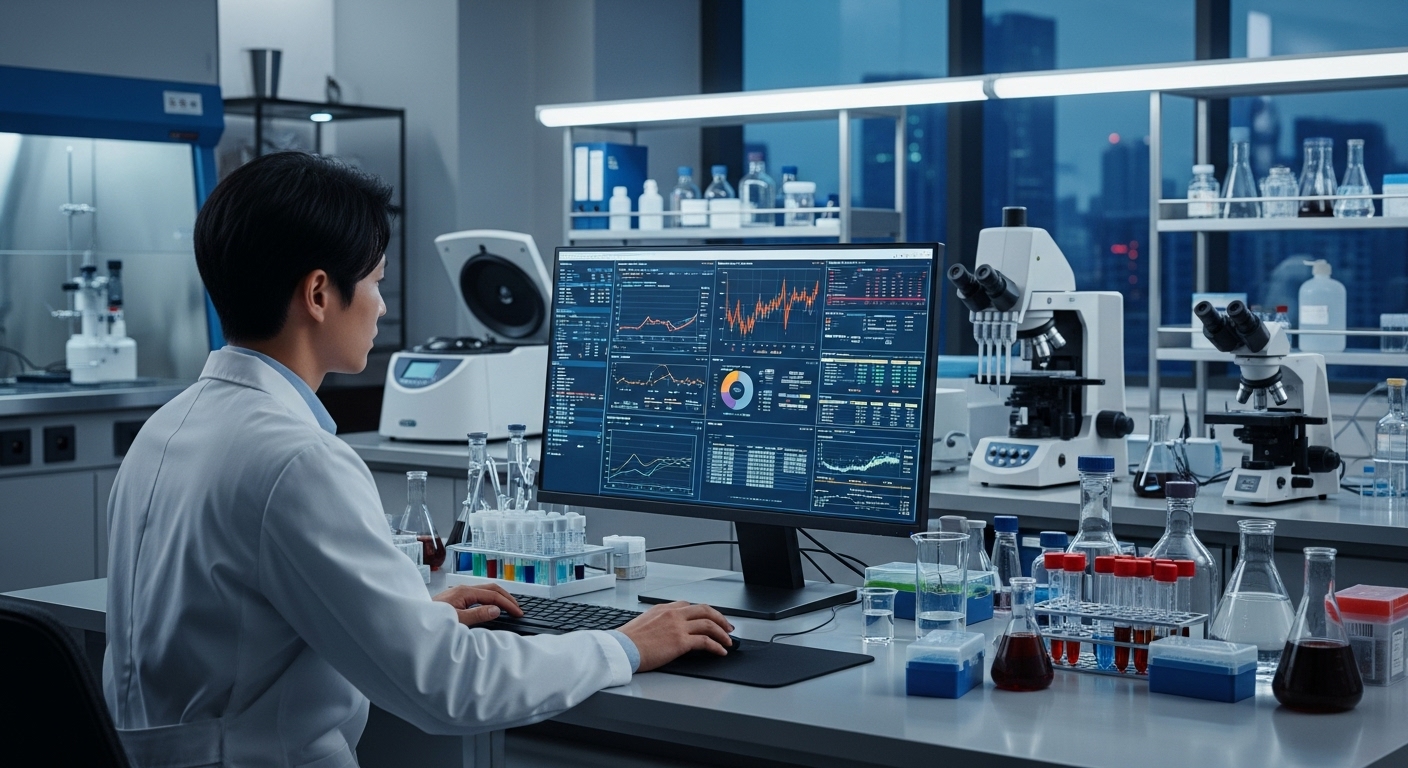 고급 연구실에서 컴퓨터 화면을 보며 인슐린 저항성 데이터를 분석하는 한국인 연구원