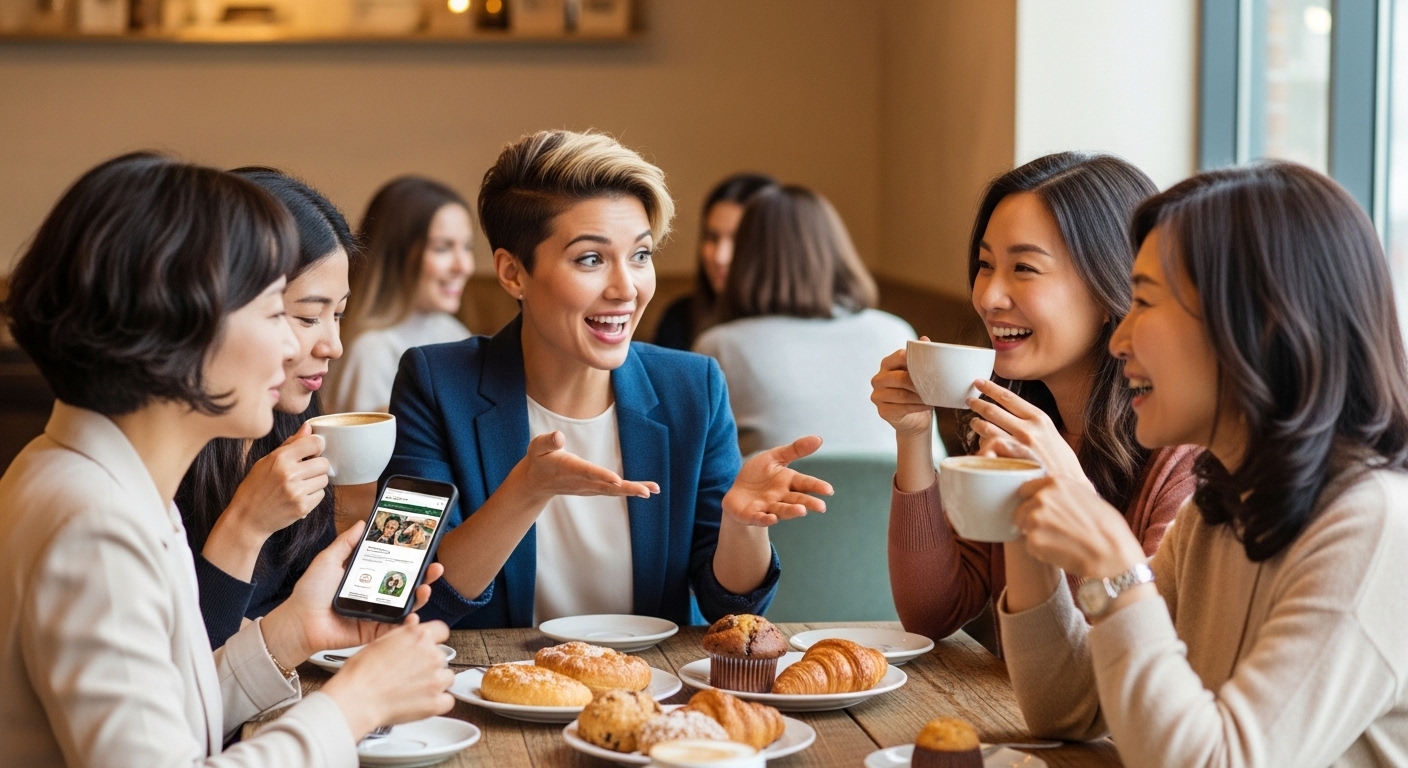 카페에서 커피를 마시며 이노시톨 섭취 후 긍정적 경험을 나누는 다양한 여성들