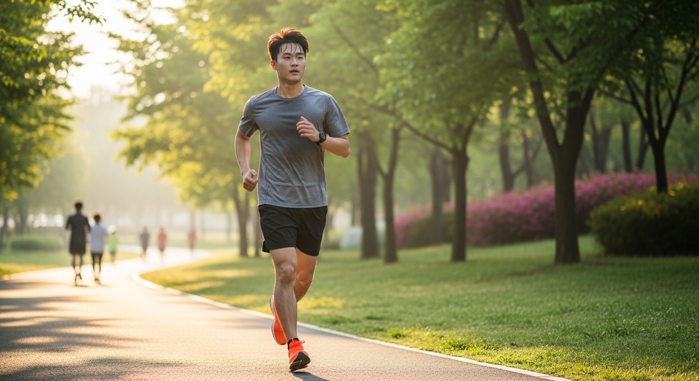 아침 공원에서 조깅하는 젊은 남성이 건강 관리를 위해 운동하는 모습