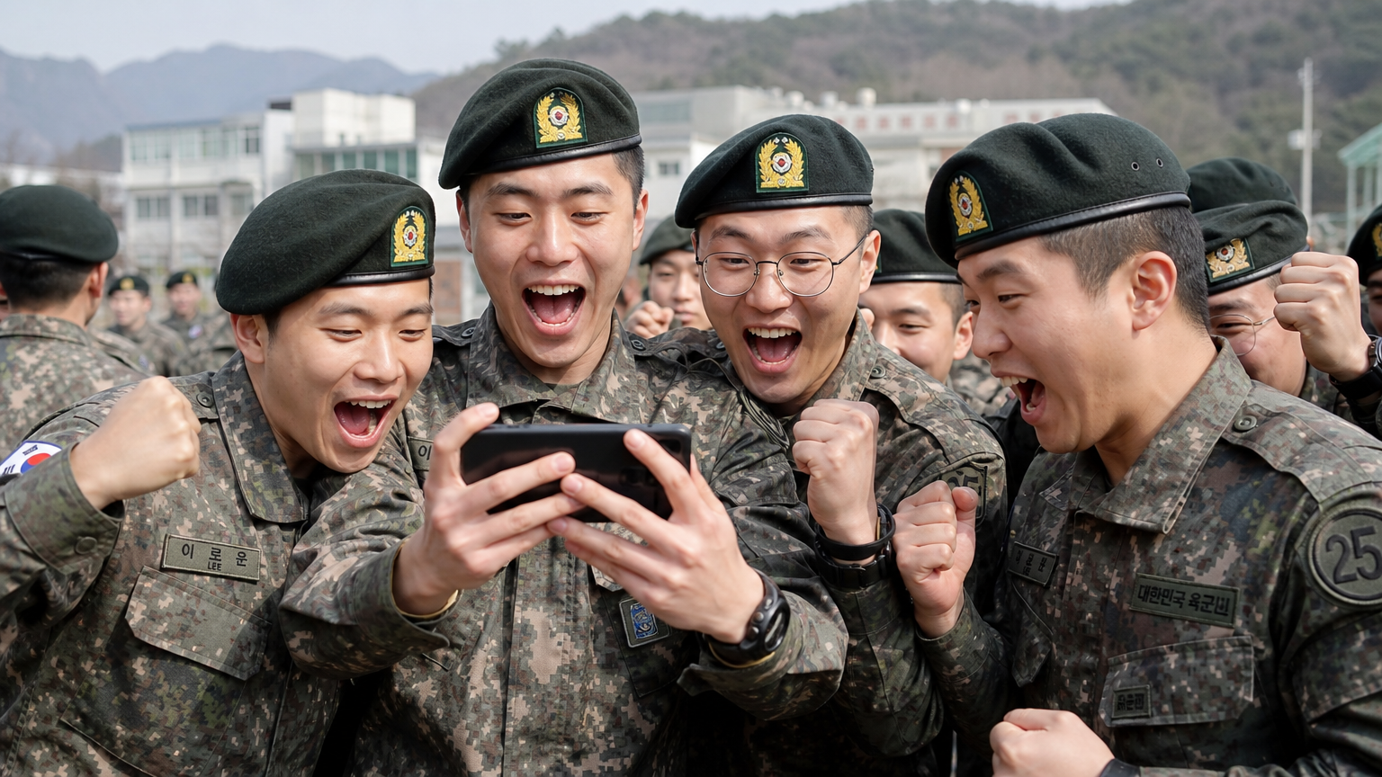 현대 군복을 입고 새 드라마 시즌에 대한 기대감으로 가득 찬 한국 군인들