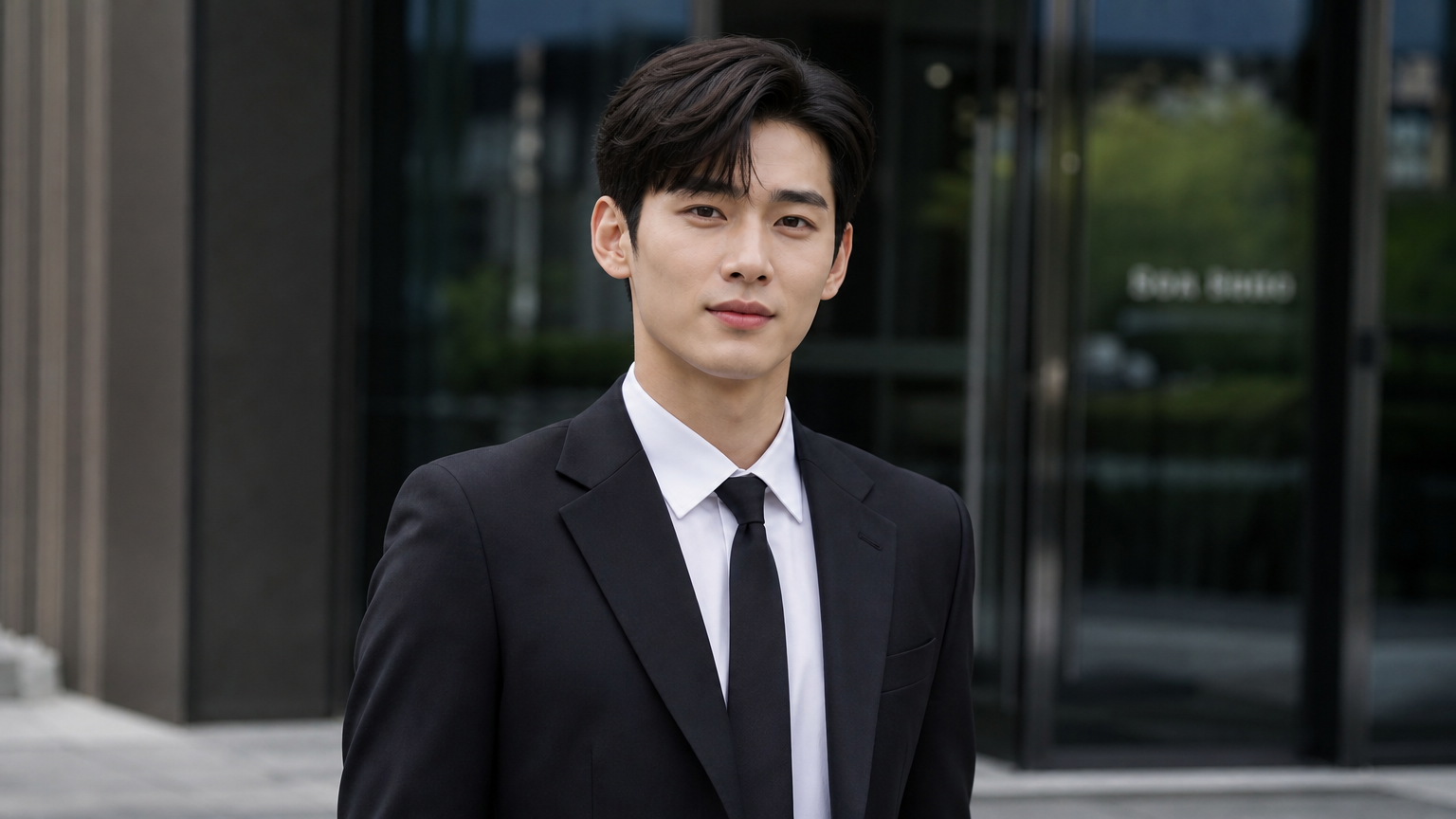현대 도시 배경에서 자신감 있게 서 있는 잘생긴 중간 나이의 남자 배우