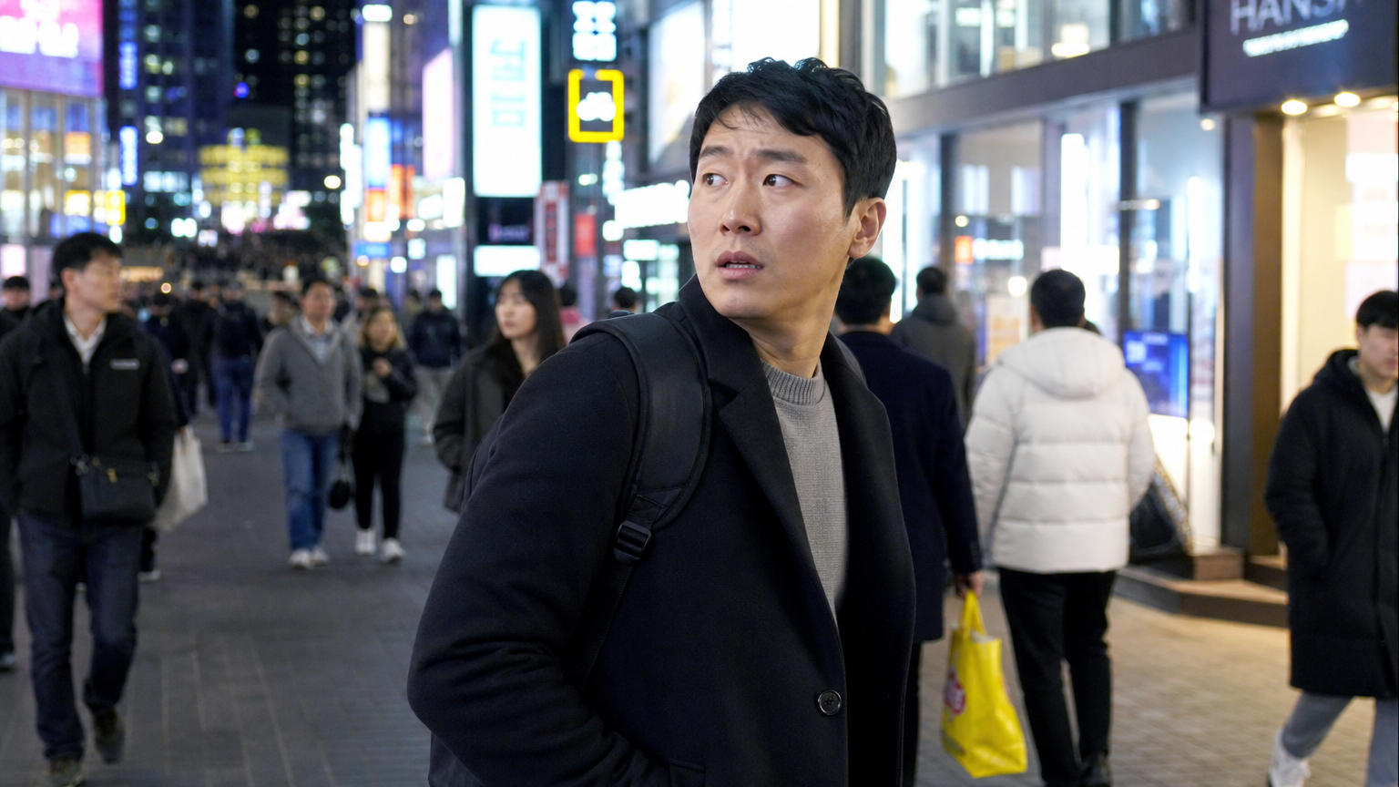 서울 거리에서 잃어버린 물건을 찾고 있는 걱정스러운 남성