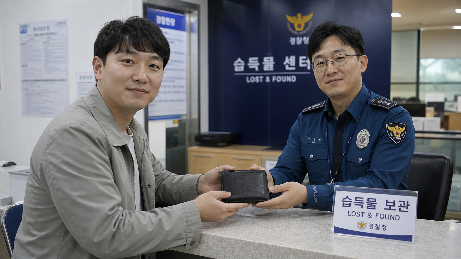 경찰서에서 지갑을 되찾아 안도하는 남성
