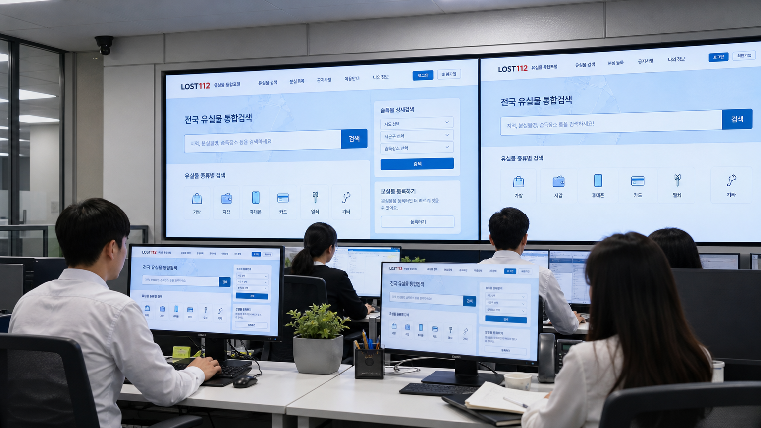 사무실에서 컴퓨터로 LOST112 포털을 사용하는 전문가들