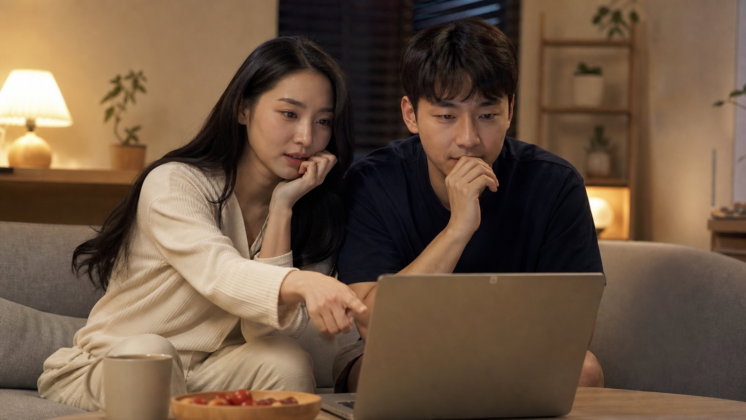 현대적인 한국 커플이 거실에서 노트북을 보며 성인용품 구매에 대해 논의하는 모습
