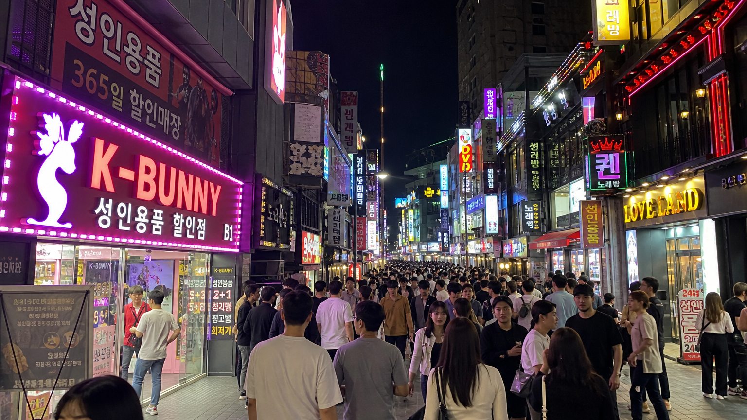 서울의 네온사인이 빛나는 밤거리와 젊은 사람들이 활기차게 움직이는 장면