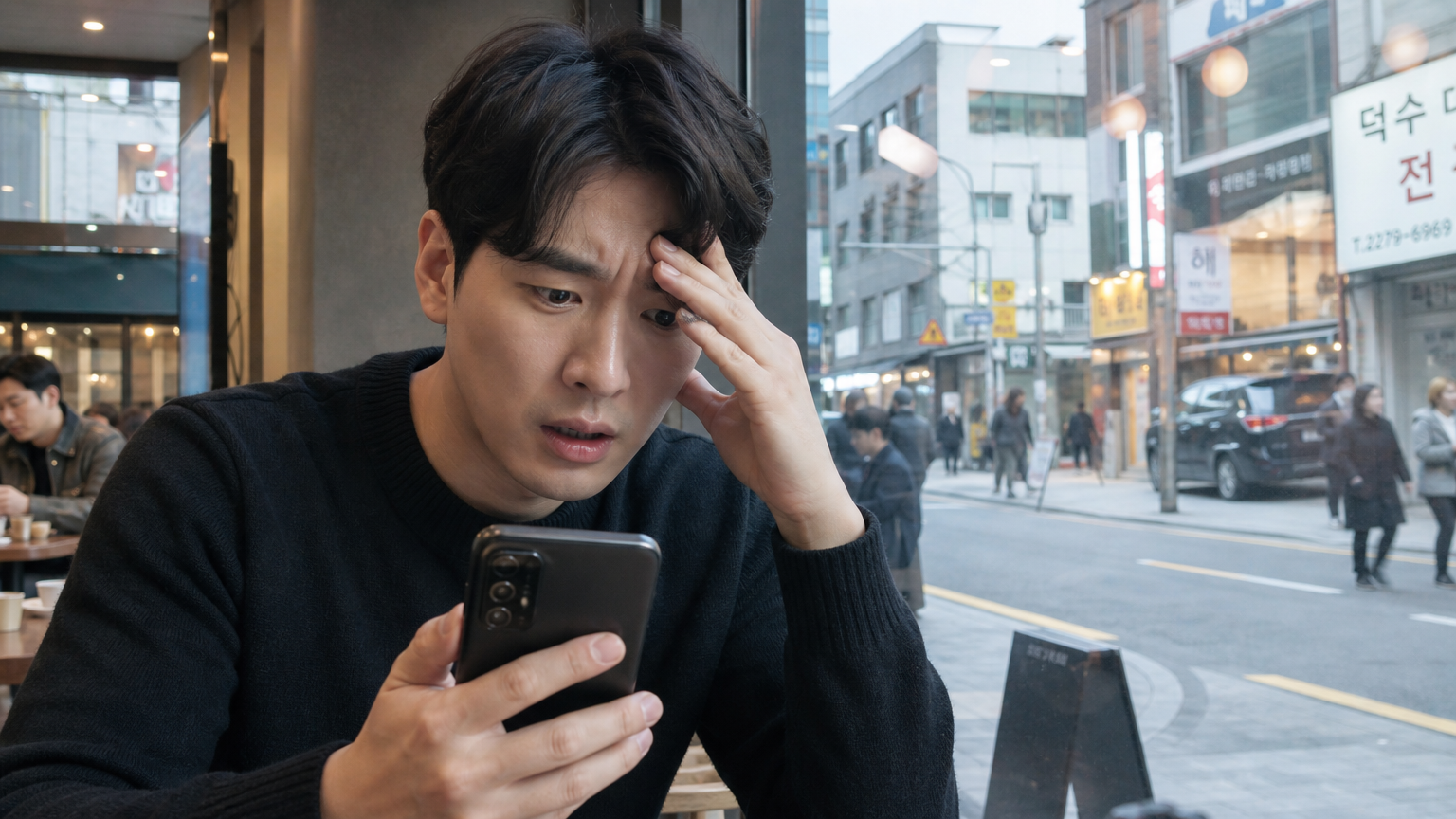 서울의 현대적 카페에서 스마트폰으로 충격적인 뉴스를 읽고 있는 남성