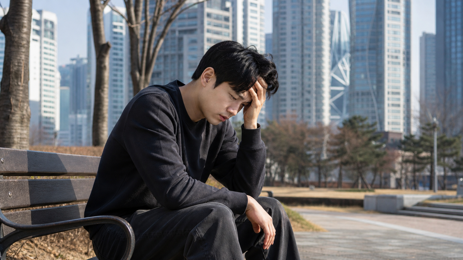 도심 속 공원 벤치에 앉아 고민에 잠긴 젊은 남성