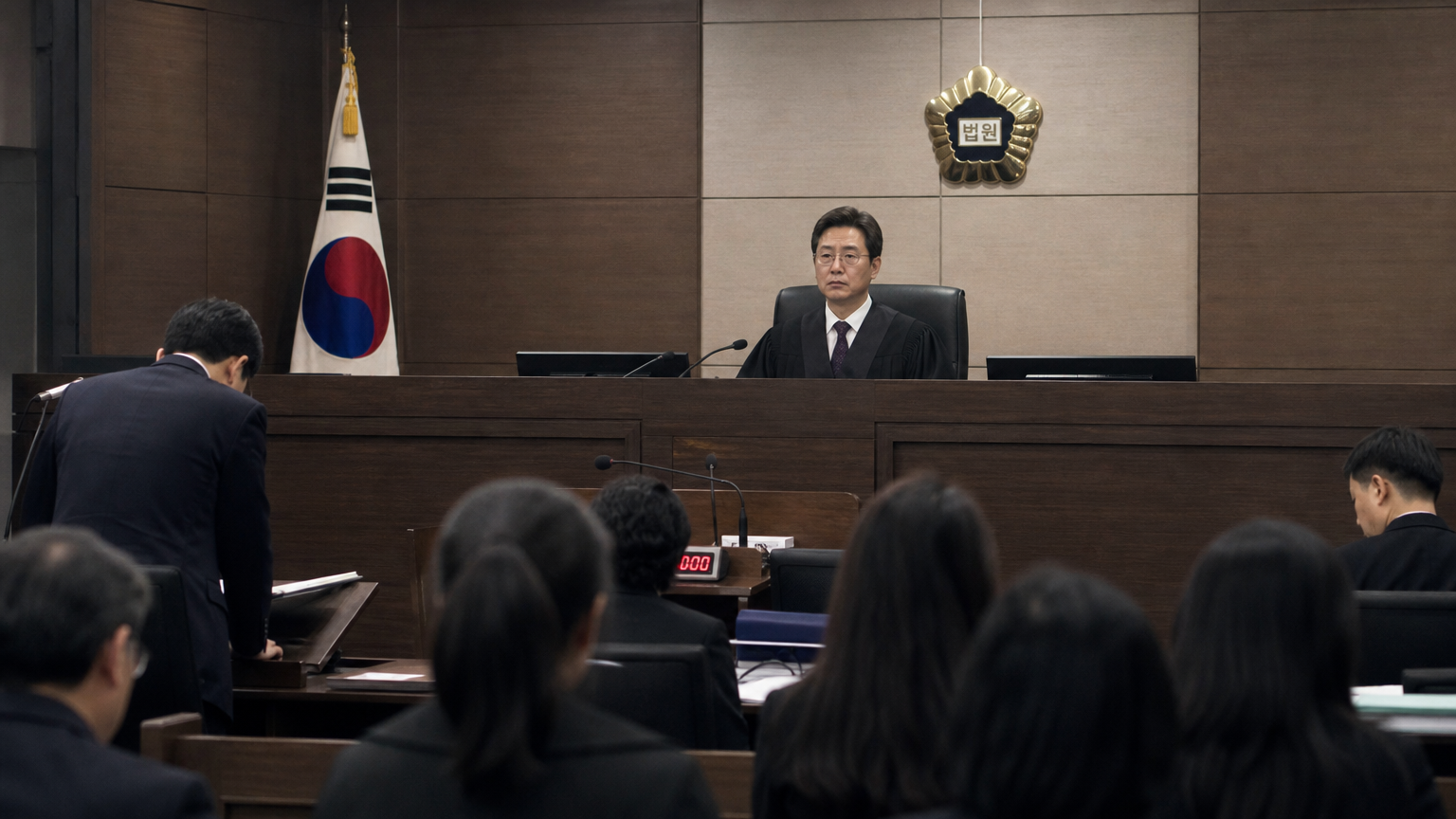 현대식 법정에서 범죄 관련 재판을 주재하는 판사와 이를 지켜보는 가족들