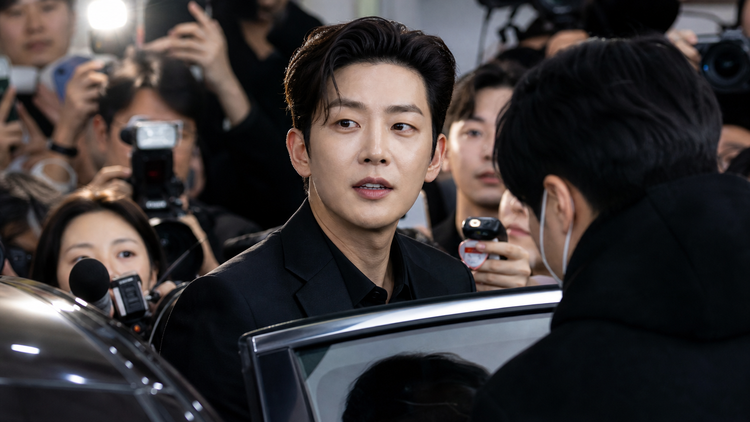 기자회견에서 사진기와 기자들 사이에 있는 현대적인 남성 배우의 모습