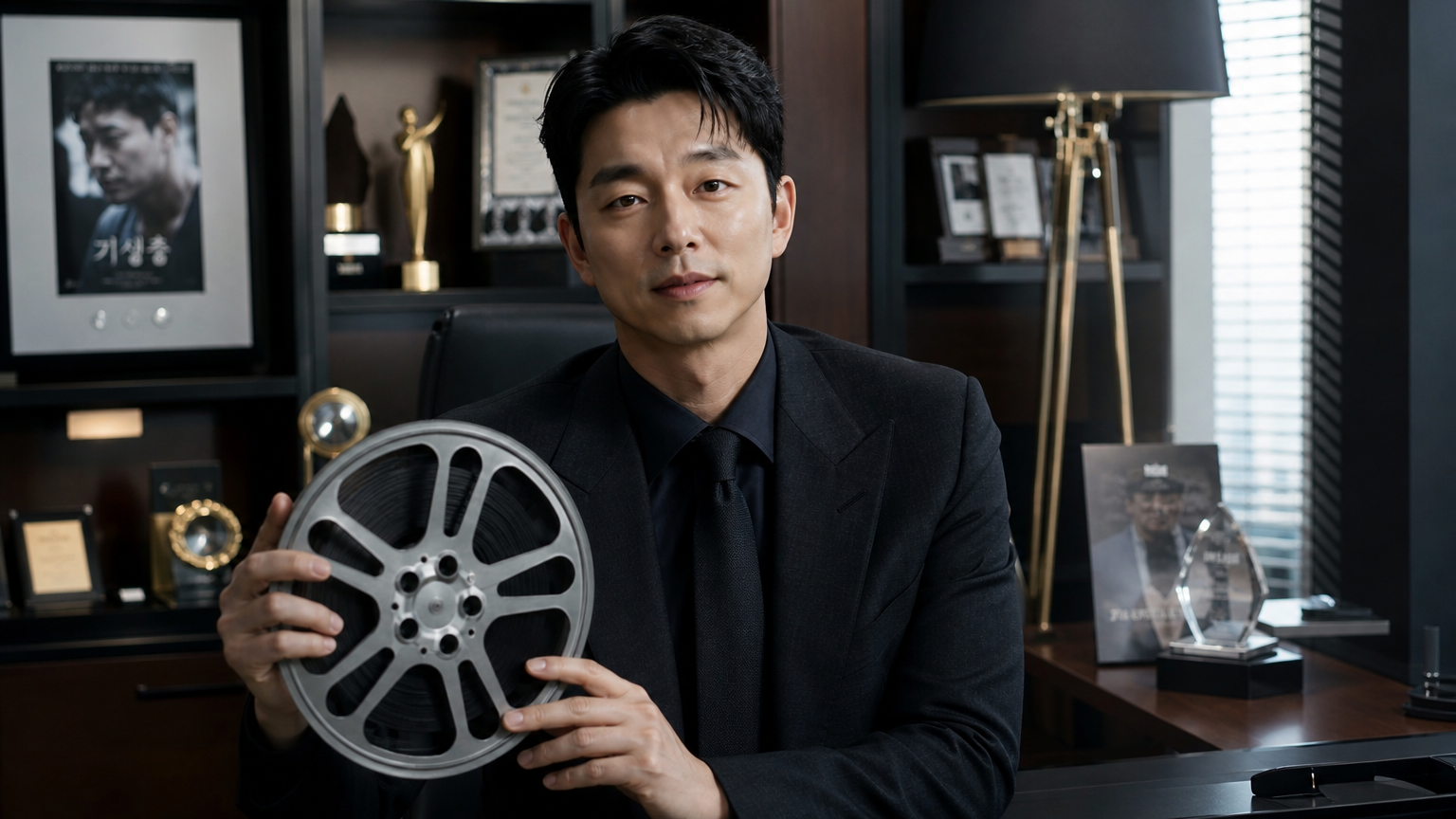 고급스러운 사무실에서 필름 릴을 들고 상패가 전시된 가운데 있는 영향력 있는 남성 배우
