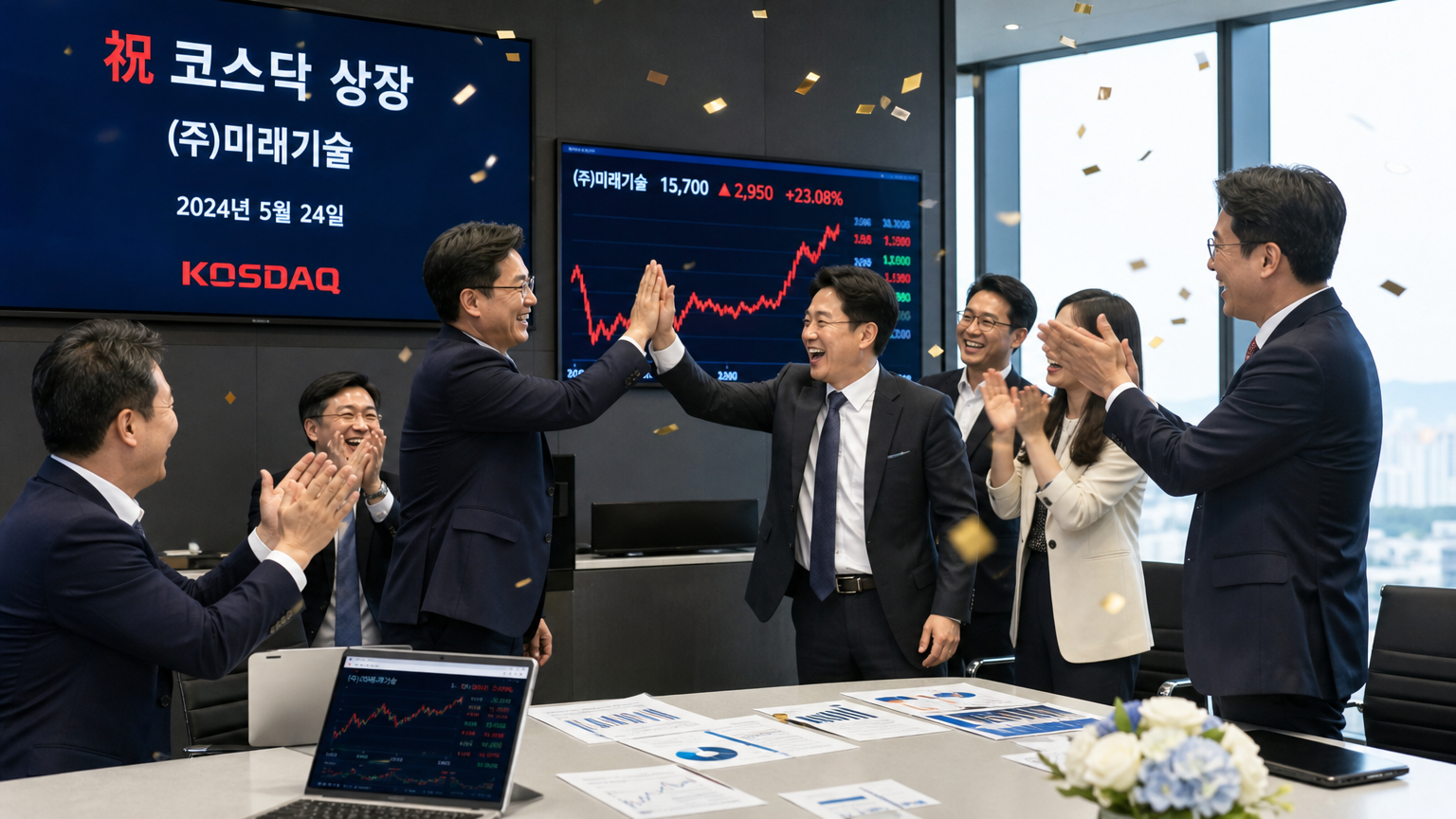 현대적 사무실에서 코스닥 진입을 축하하는 경영진의 모습
