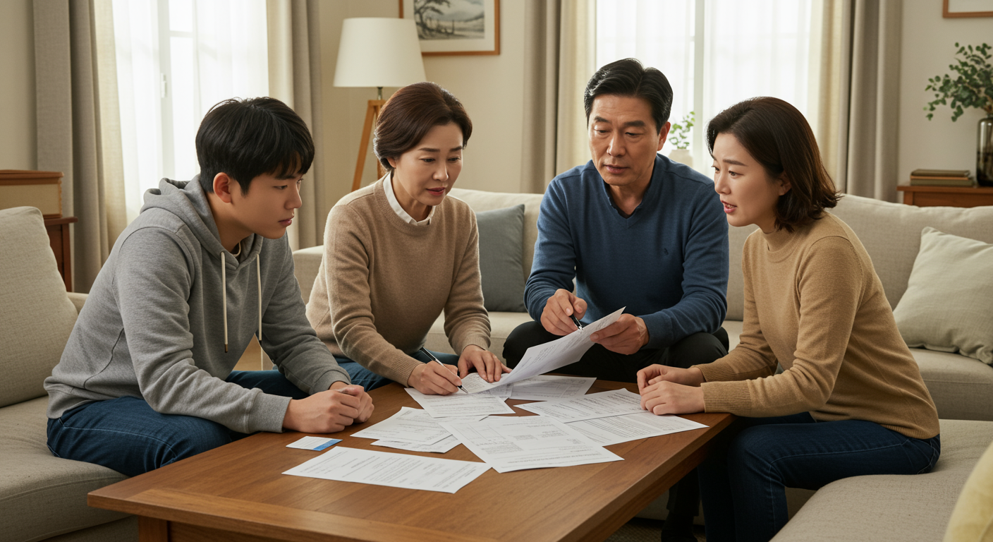 현대적인 한국 가정이 거실에서 서류를 펼쳐놓고 재정을 논의하는 모습