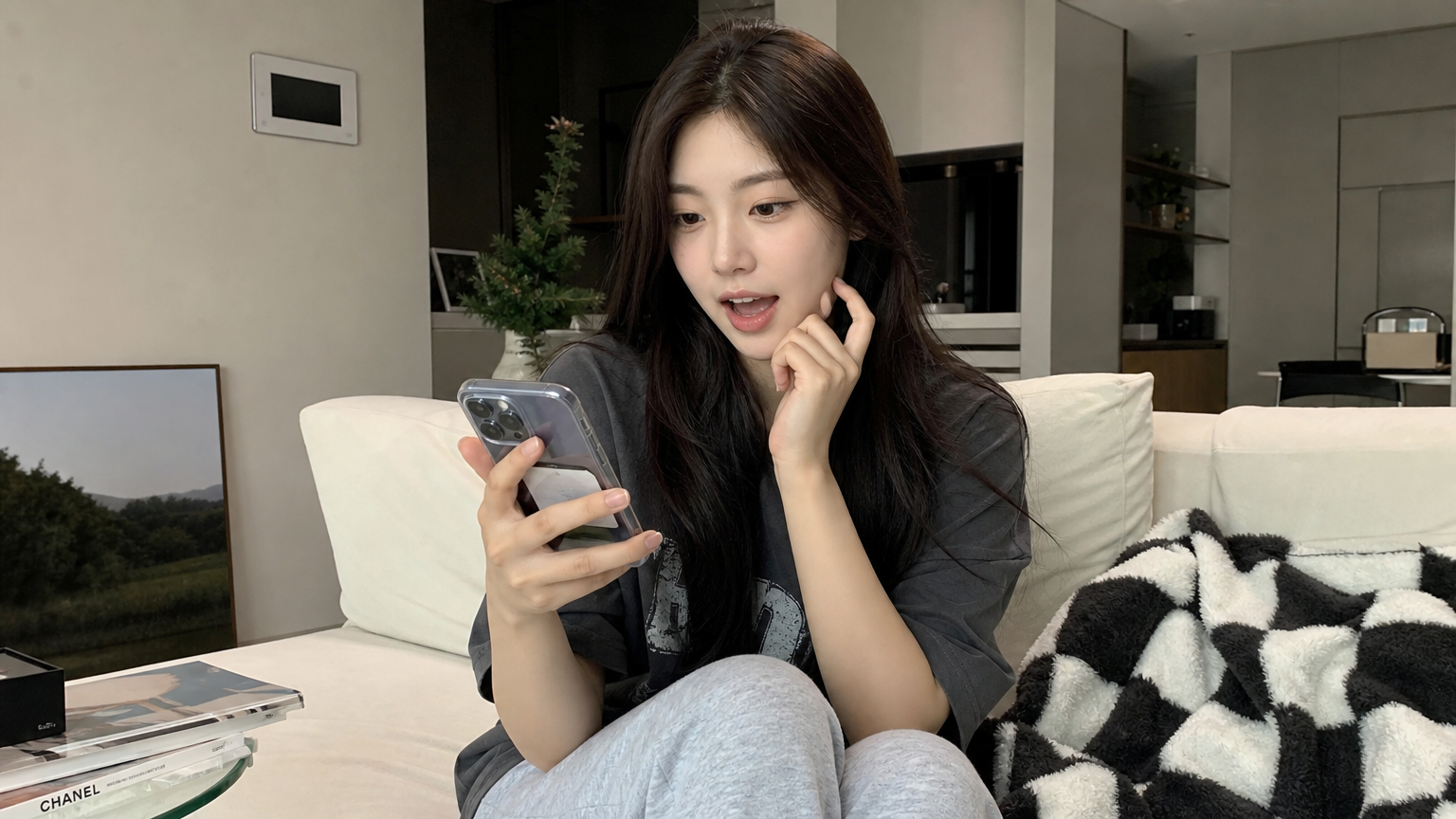 현대적인 거실에서 스마트폰으로 리센느와 멤버 리브에 대해 검색하는 젊은 여성