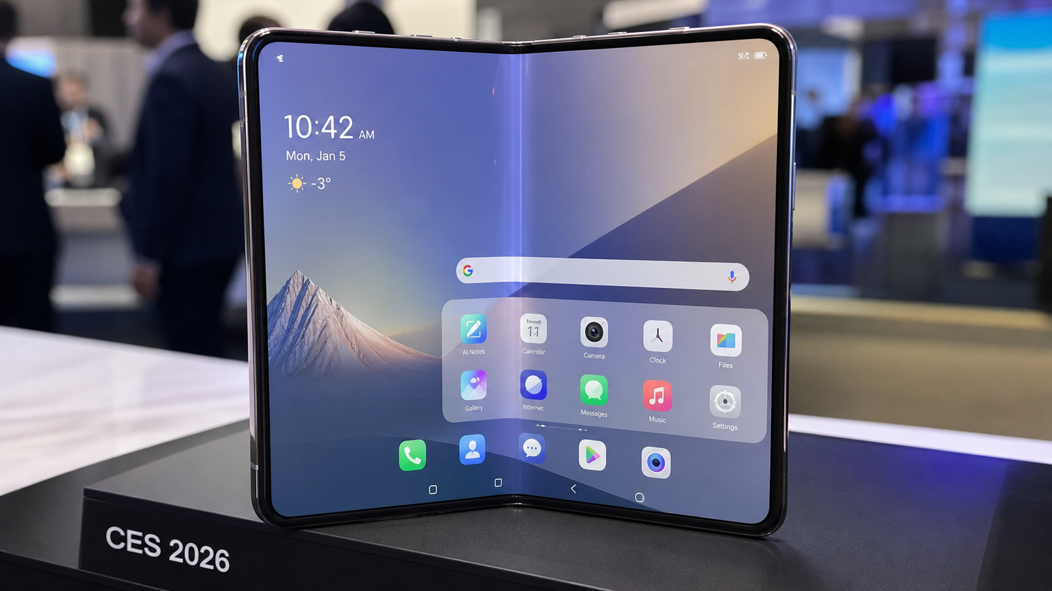 CES 2026에서 전시된 최첨단 폴더블 스마트폰의 화면 클로즈업