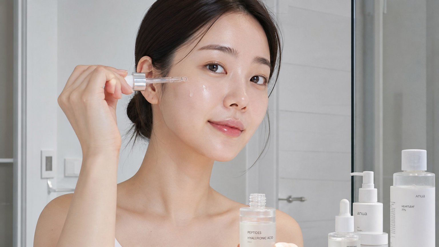 현대적인 욕실에서 펩타이드와 히알루론산이 함유된 세럼을 바르는 젊은 여성