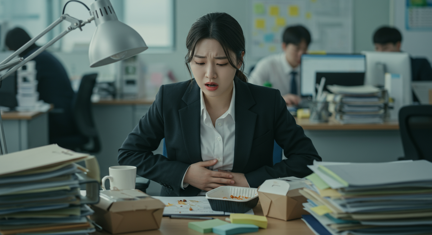 사무실 책상에서 스트레스와 소화 불량을 겪는 바쁜 한국 직장인의 모습