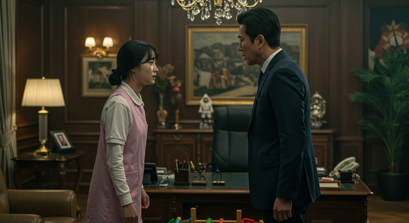 유치원 교사로 위장한 주인공이 재벌 회장과 오피스에서 긴장감 넘치는 대화를 나누는 모습