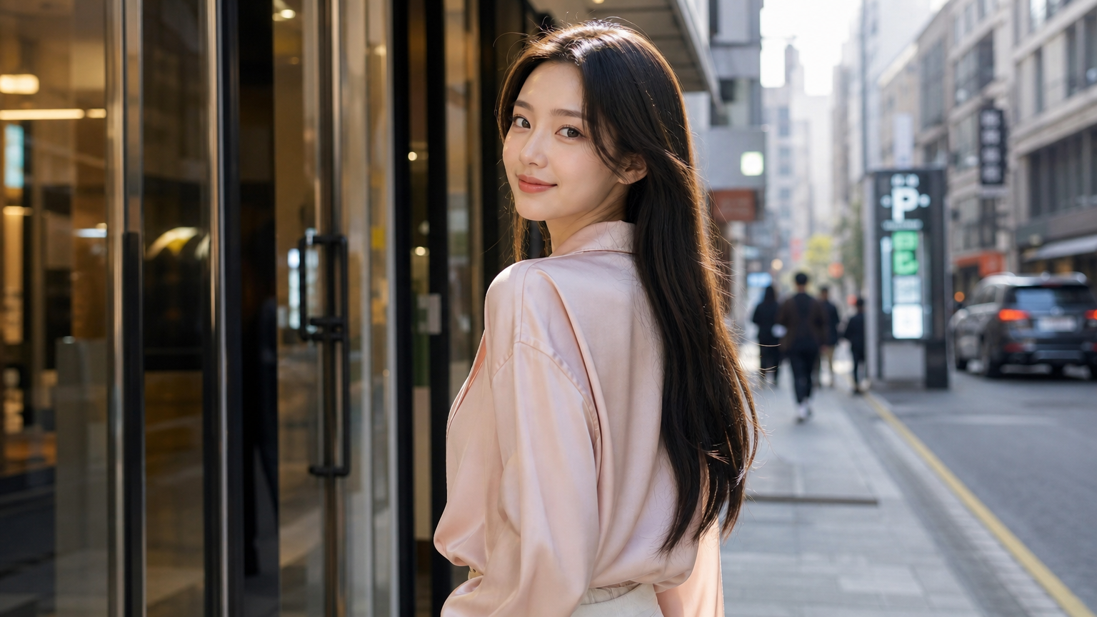 서울 거리에서 실크와 새틴 소재로 이루어진 부드러운 색조의 옷을 입고 있는 현대 여성