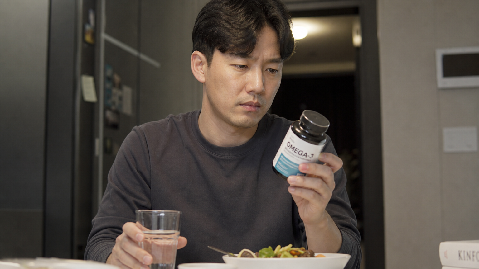 현대 한국 남성이 식탁에서 오메가 영양제 병을 들고 라벨을 주의 깊게 읽는 모습