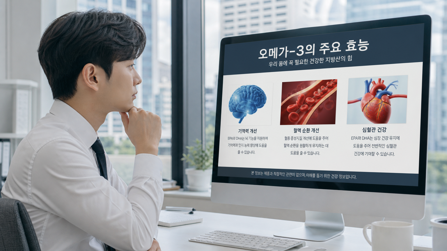한국 직장인이 사무실에서 오메가-3의 기억력 개선과 혈행 개선 효과를 보여주는 디지털 차트를 보는 장면