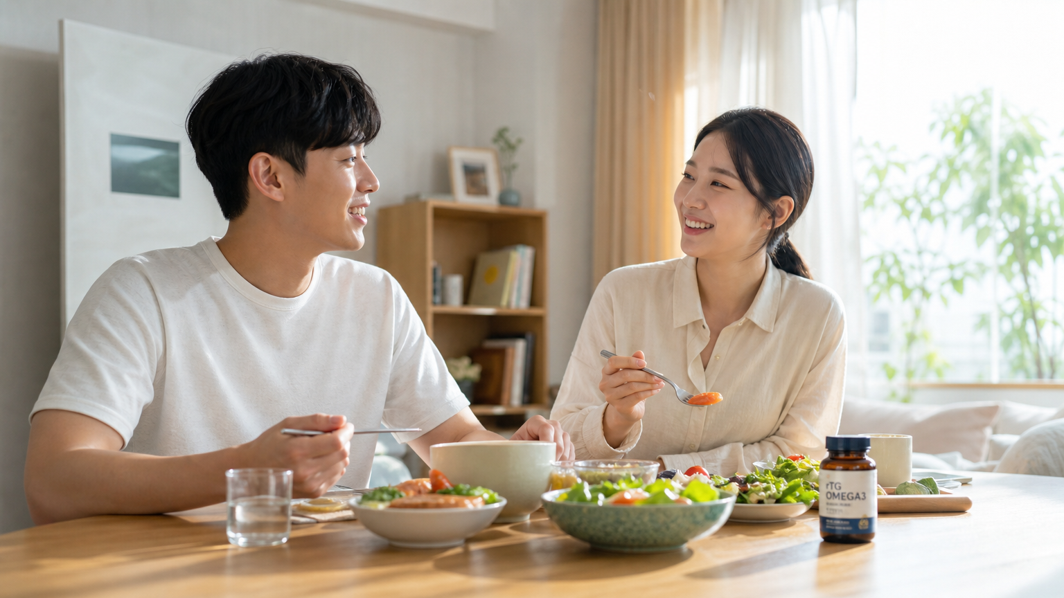 젊은 한국 커플이 집에서 식사를 하며 테이블 위에 놓인 오메가 영양제를 함께하는 모습