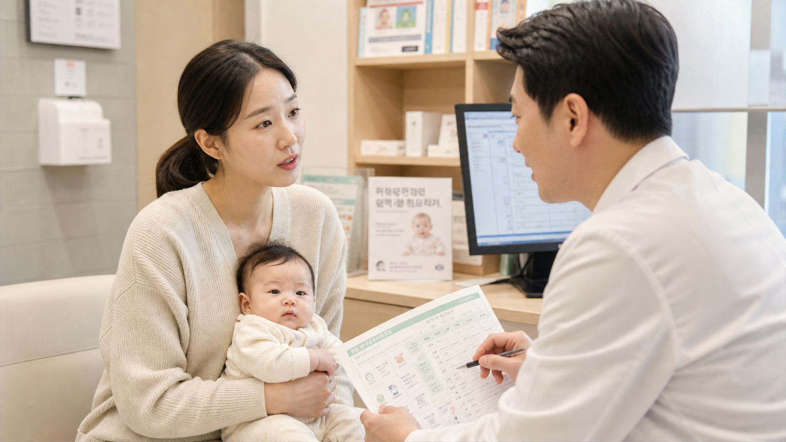 소아과에서 아기 건강 검진 일정을 상담하는 한국인 엄마와 의사의 모습