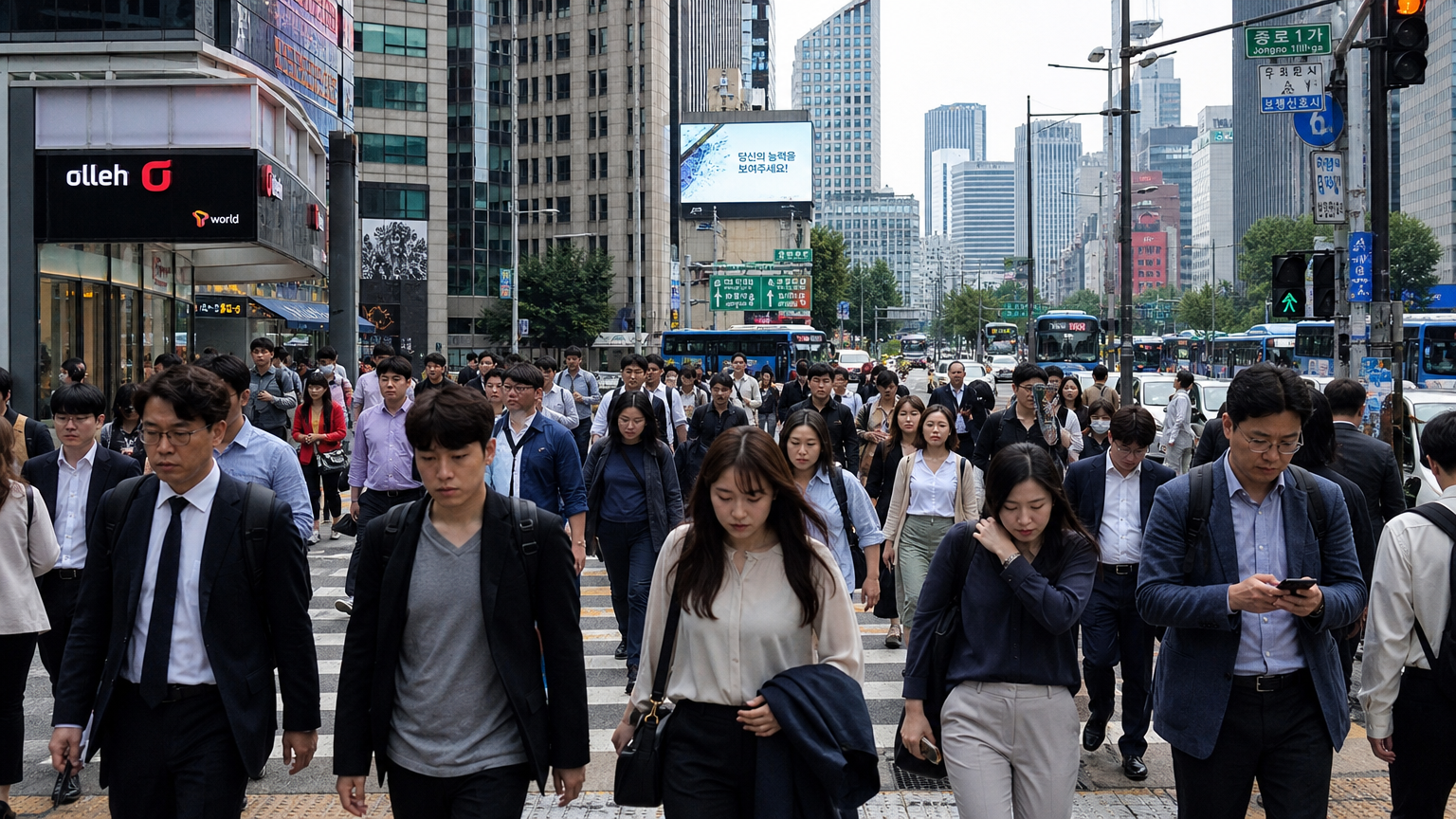 바쁜 도심 거리에서 사람들이 분주히 움직이는 모습