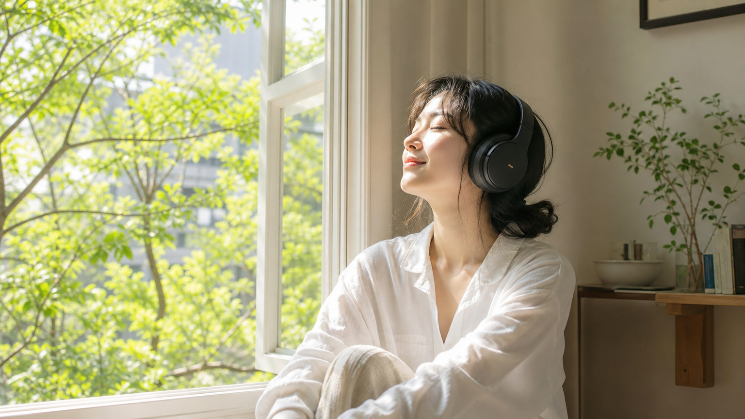 아침 햇살을 받으며 창문 옆에서 음악을 듣고 있는 여성의 평온한 모습