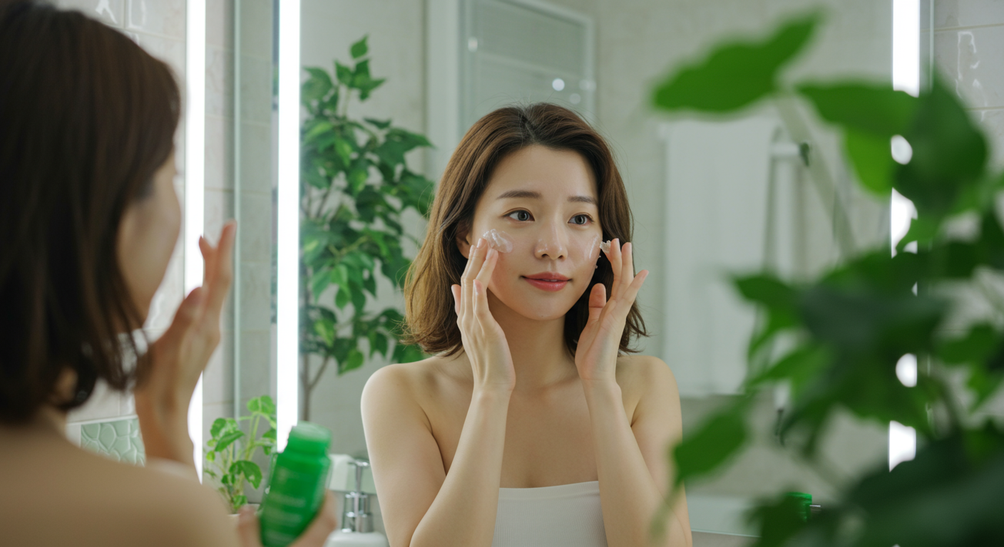 햇볕 노출 후 화장실에서 알로에 젤을 바르는 여성