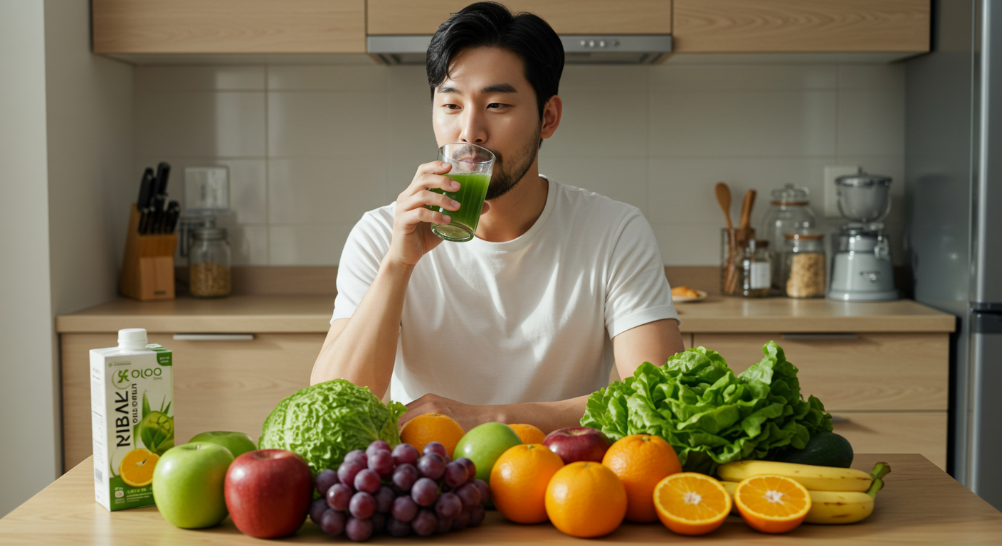주방 테이블에서 과일과 채소 사이에서 알로에 주스를 마시는 남성