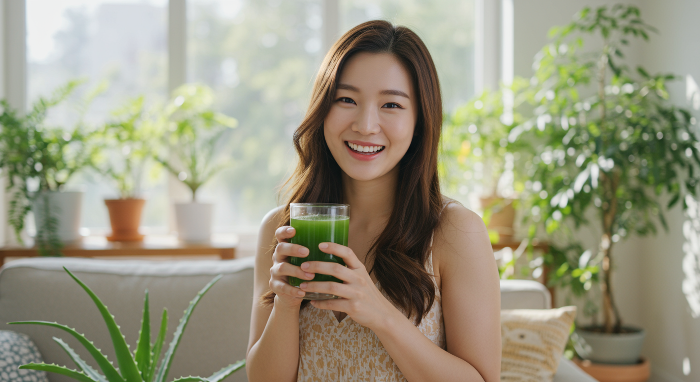 밝은 거실에서 알로에 주스를 들고 미소 짓는 여성