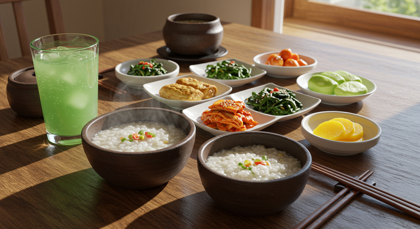 아침식사 테이블 위 김치와 죽 등 한국 전통 음식과 함께 놓인 알로에 주스