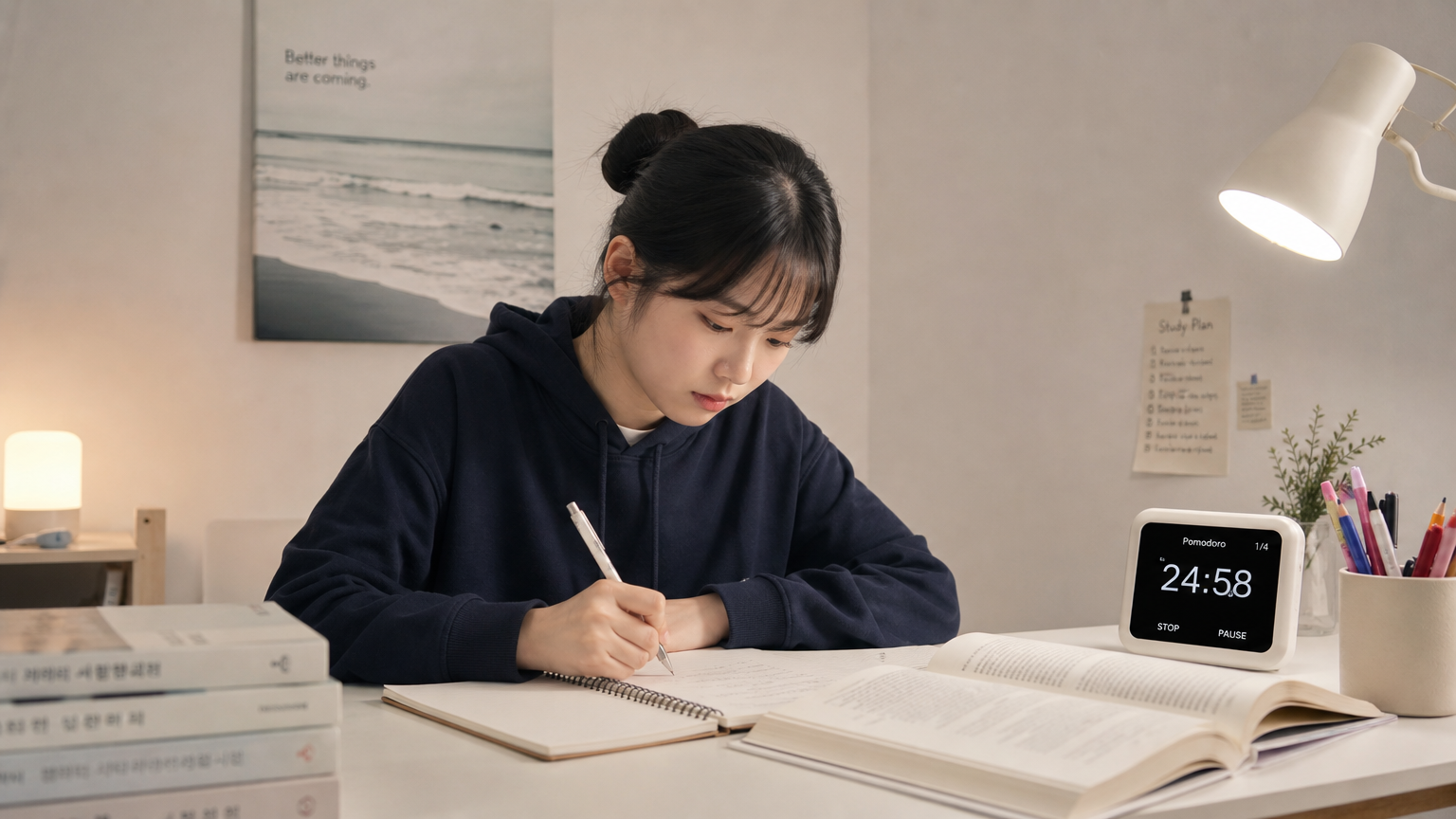 미니멀한 공부 공간에서 타이머와 함께 포모도로 기법을 실천하는 집중된 학생