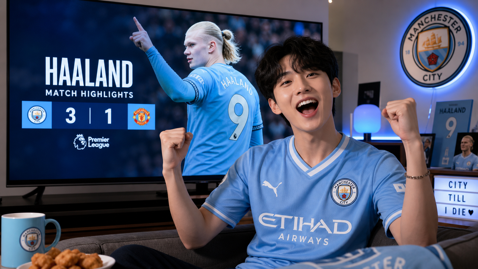 맨시티 유니폼을 입은 축구 팬이 TV 화면에 홀란드 경기 하이라이트를 보며 즐거워하는 모습