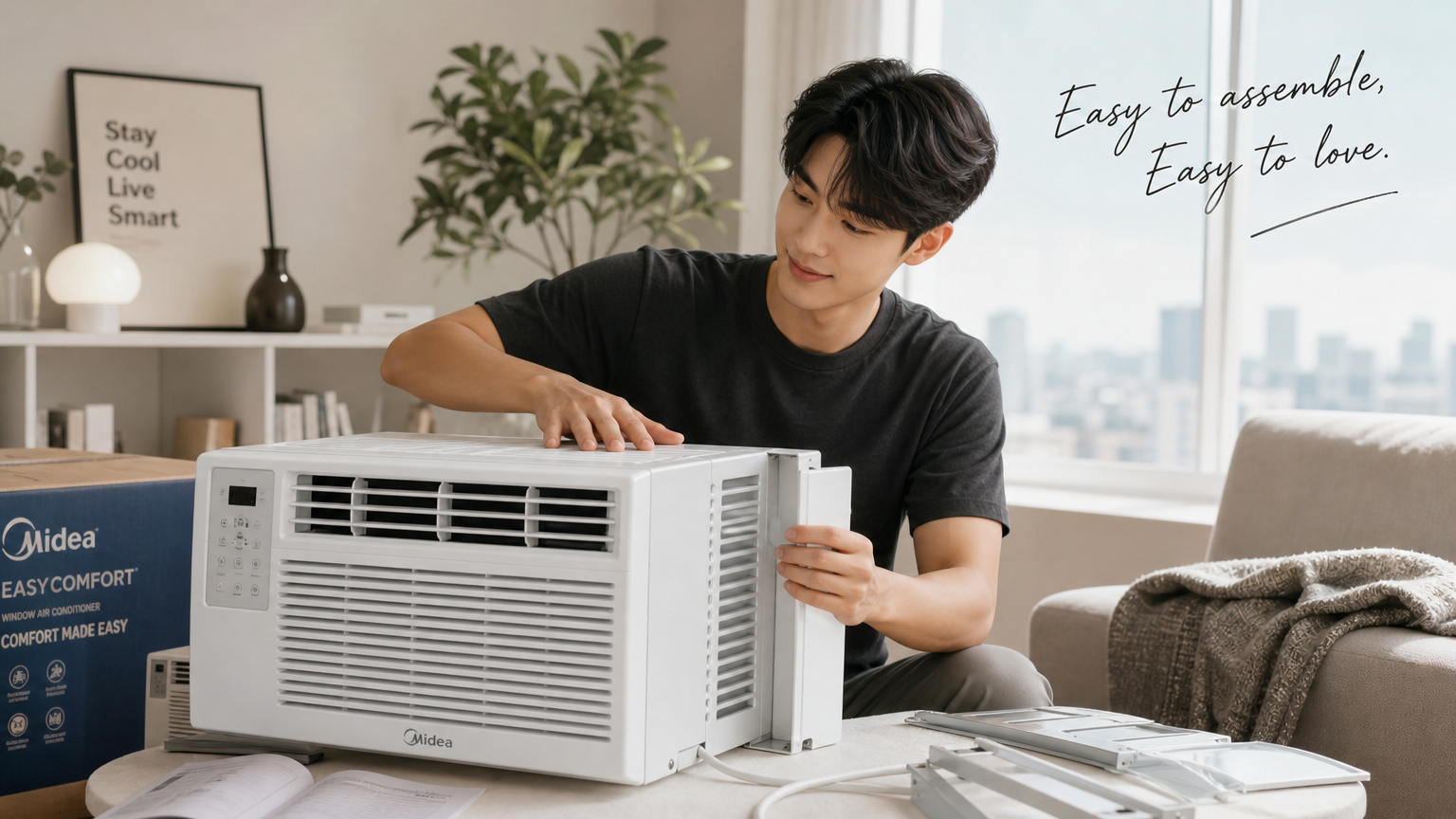세련된 아파트에서 손쉽게 창문형 에어컨을 조립하는 젊은이